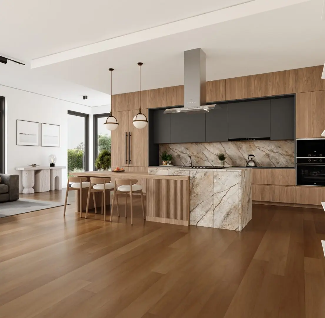 Modern kitchen with wooden floor and island.